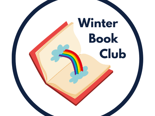 Winter Book Club. Graphic of an open, orange book with a rainbow on the pages.