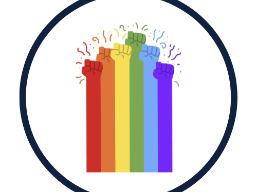 Six cartoon fists raised. Each fist is a different color of the rainbow: red, orange, yellow, green, blue, violent.