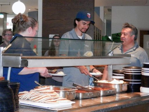 Staff eating breakfast.
