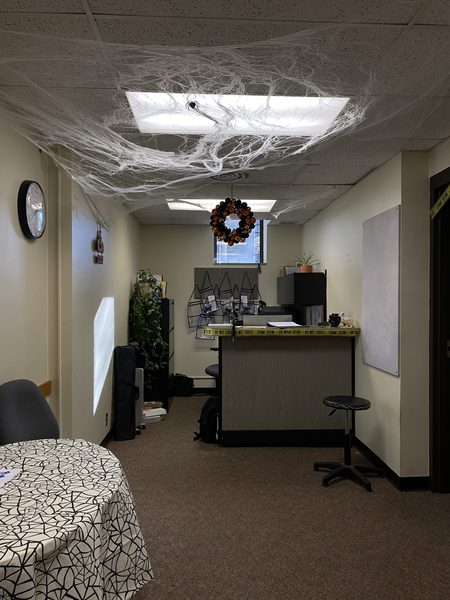 OneCard office decorated for Halloween.