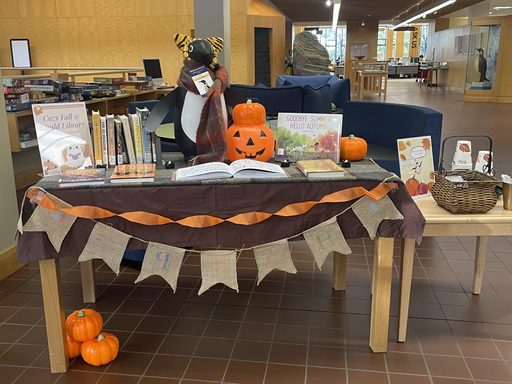 The lobby of Gould Library decorated for Halloween.