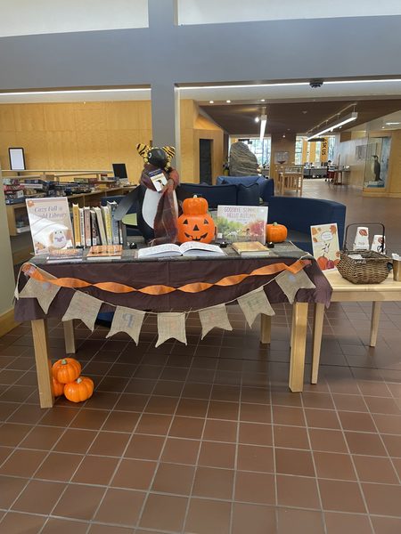 The lobby of Gould Library decorated for Halloween.
