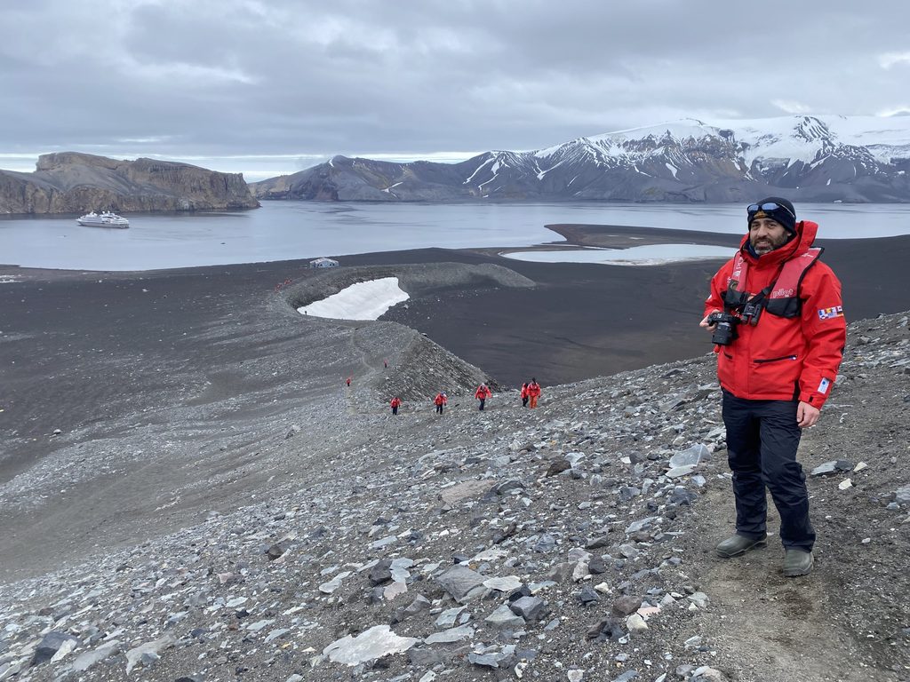Adler on rocky coast of Deception Island near the Antarctic peninsula