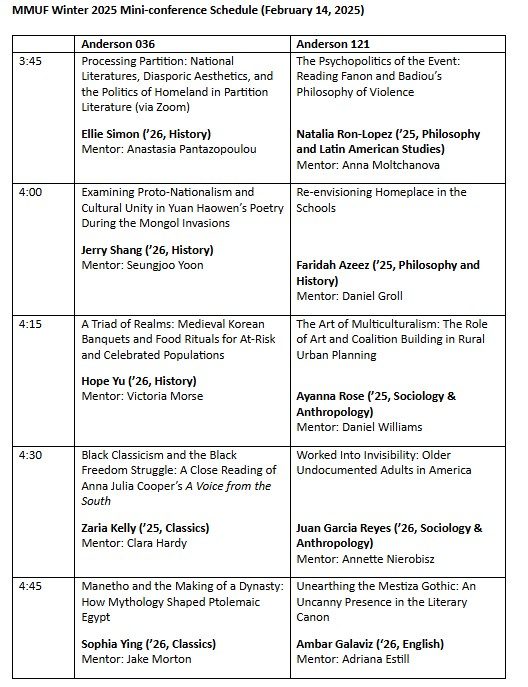 MMUF Mini Conference Schedule Feb 14, 2025:
in Anderson 036
3:45 Ellie Simon '26, 4:00 Jerry Shang '26, 4:15 Hope Yu '26, 4:30 Zaria Kelly '25, 4:45 Sophia Ying '26.
in Anderson 121
3:45 Natalia Ron-Lopez '25, 4:00 Faridah Azeez '25, 4:15 Ayanna Rose '25, 4:350 Juan Garcia Reyes '26, 4:45 Ambar Galvix '26