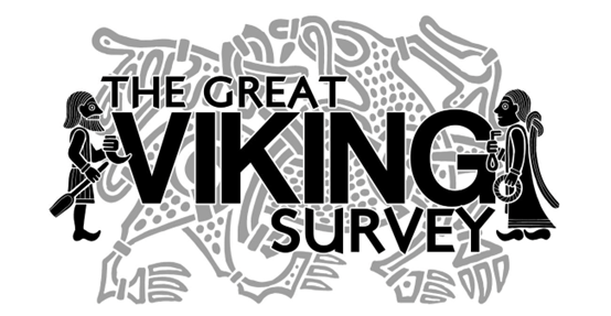 Iight grey background line drawing of a spotted animal. Written over top in black are the words "The Great VIKING Survey" flanked by drawn representations of a bearded person and a long haired person.