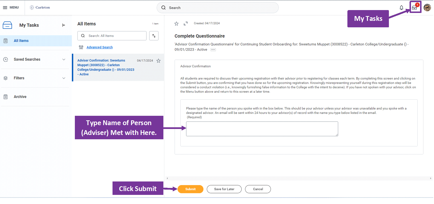 Image of the task a student sees when they confirm their adviser meeting in Workday.