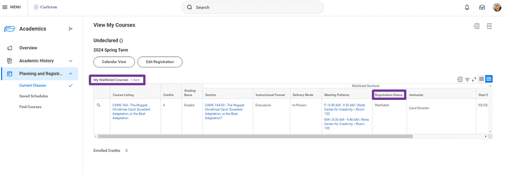 Screenshot of View My Courses indicating where to find a student's waitlisted courses