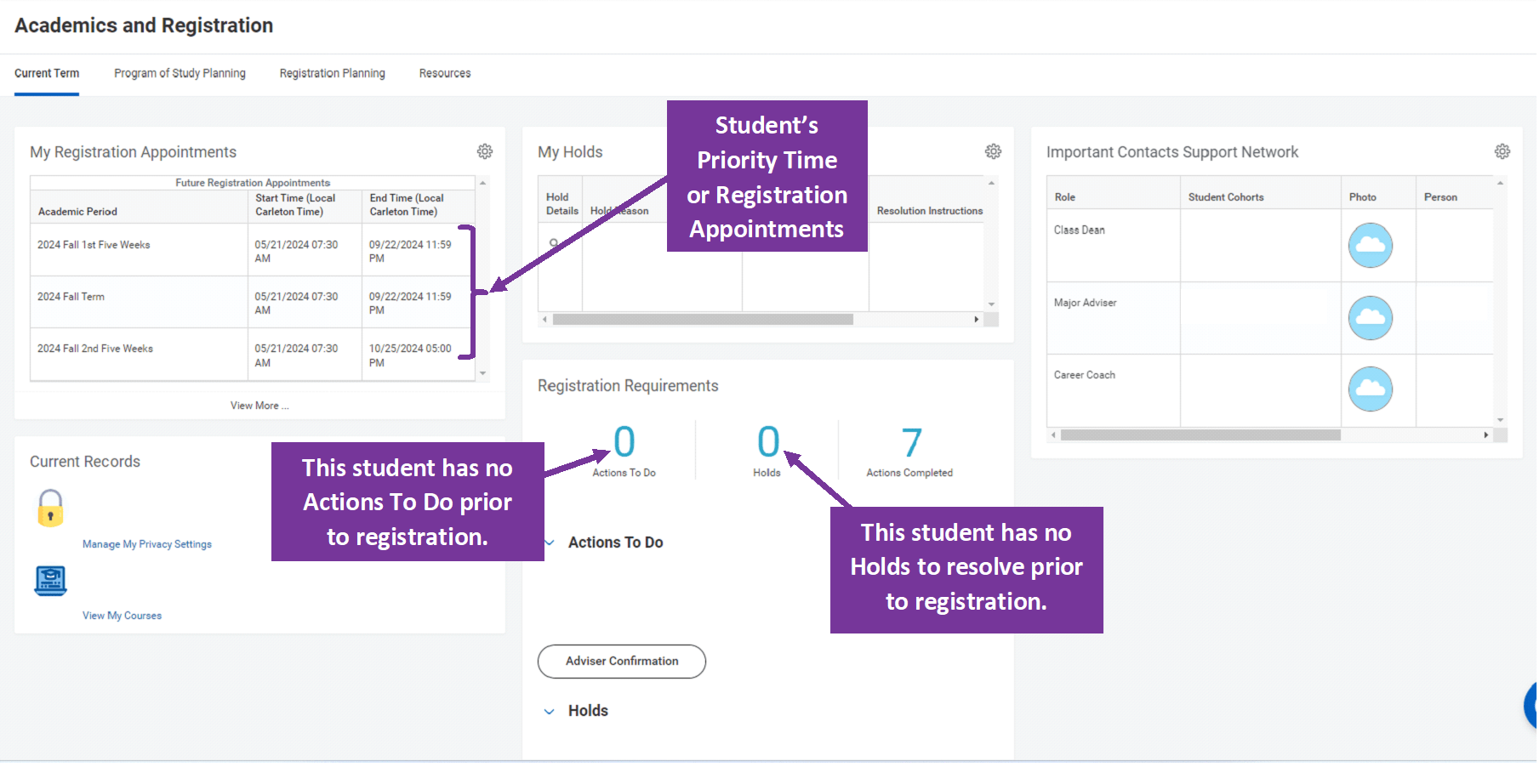 Student's Academic and Registration Dashboard indicating the student is ready to register.