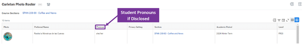 Image of the Carleton photo roster with an arrow pointing to the pronouns column header.