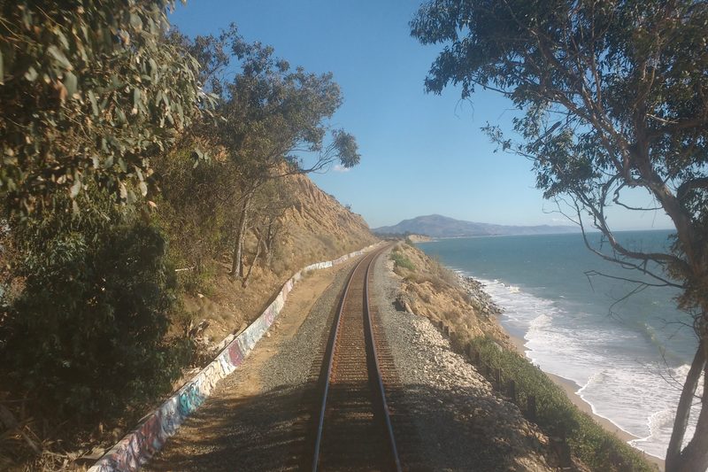 Train track running along the coast of southern California