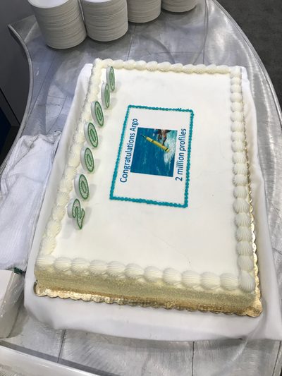 A cake with decorations saying "congratulations argo, 2 million profiles"