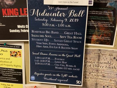 Poster for Midwinter Ball with information about preparatory dance lessons