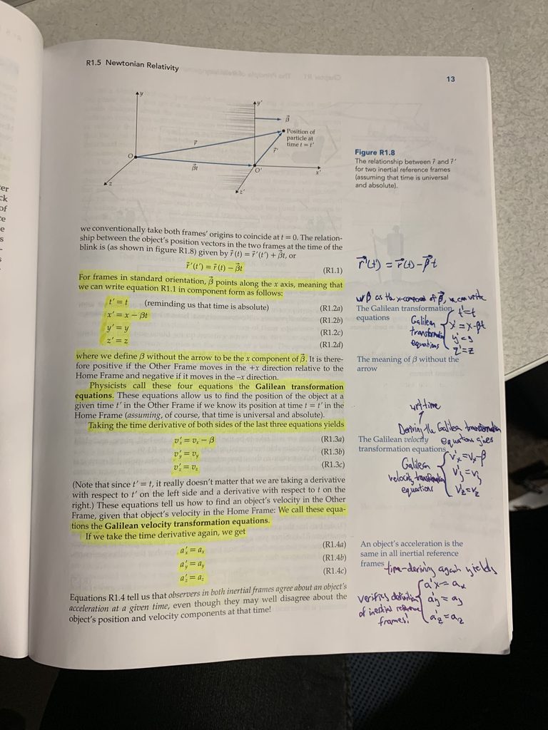 A page in a relativity textbook with highlighted passages and summary descriptions in the margins