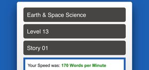 Screenshot of a reading speed test with a result of 170 words per minute