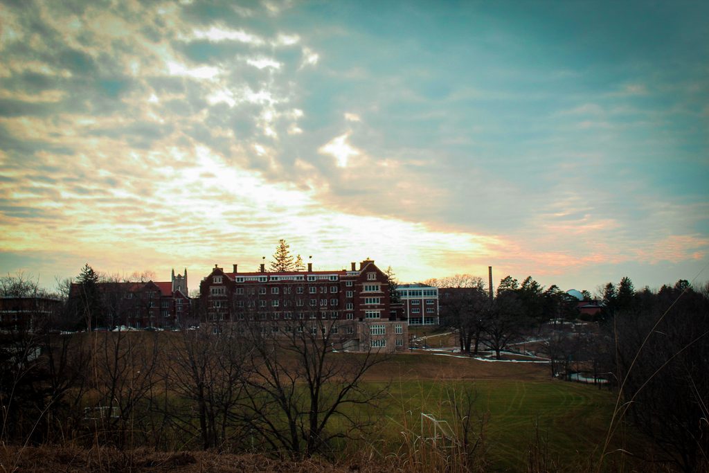 Sunset over Evans Hall and Myers Hall