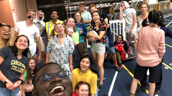 Indoor, selfie of a group of happy young adults