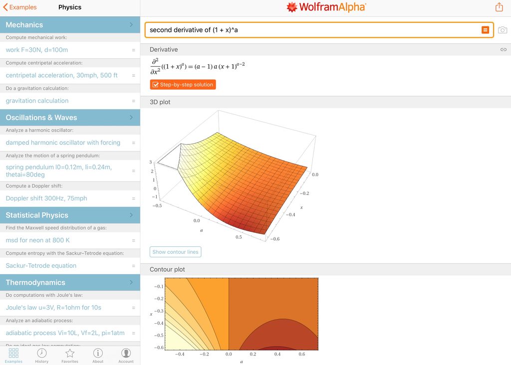 WolframAlpha search results for "second derivative of (1 + x)^a"