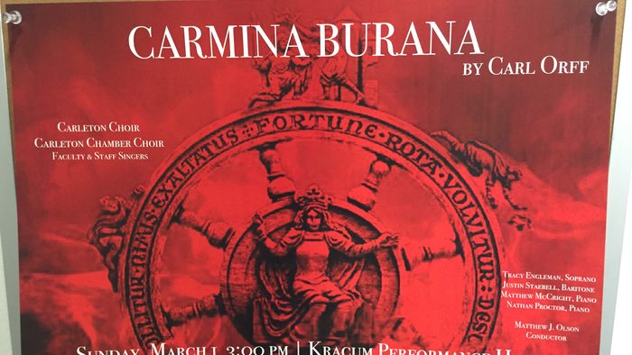 A poster of Carleton Choir performing Camina Burana by Carl Orff