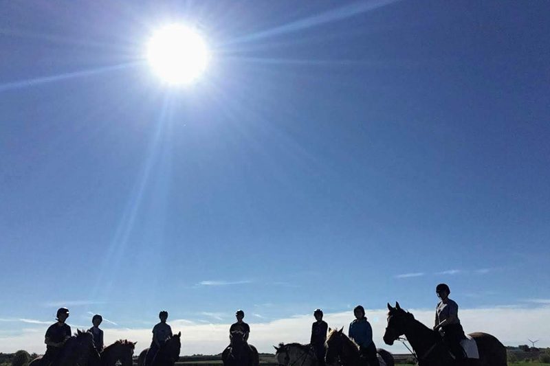 7 people are silhouetted on horseback