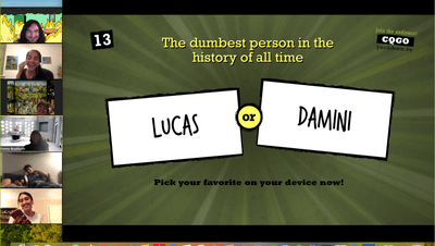 Lucas and his friends Shivain, Randy, Emma, Caroline, Jake, and Damini playing Quiplash. The prompt is "The dumbest person in the history of all time", and the submissions being voted on are "Lucas" and "Damini".