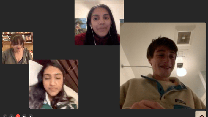 Lucas FaceTimes his friends Caroline, Damini, Shivani, and Jake.