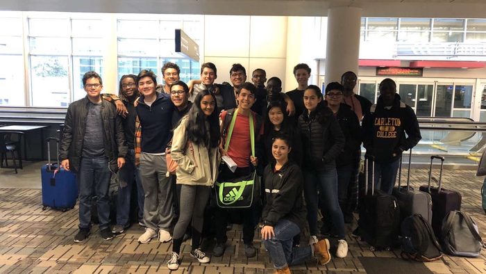 Group of high school students arriving at MSP airport for Taste of Carleton