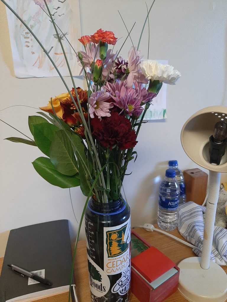 Friday flowers in a water bottle