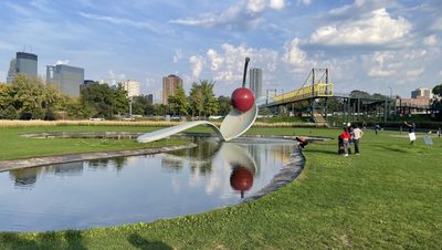 cherry spoon art installation at a sculpture park in Minneapolis, MN