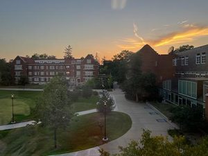 A beautiful sunset over Carleton College campus, looking out from one of the dorm buildings.