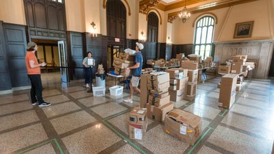 The Great Hall turned into the Mail Room in preparation for New Student Move-In Day.