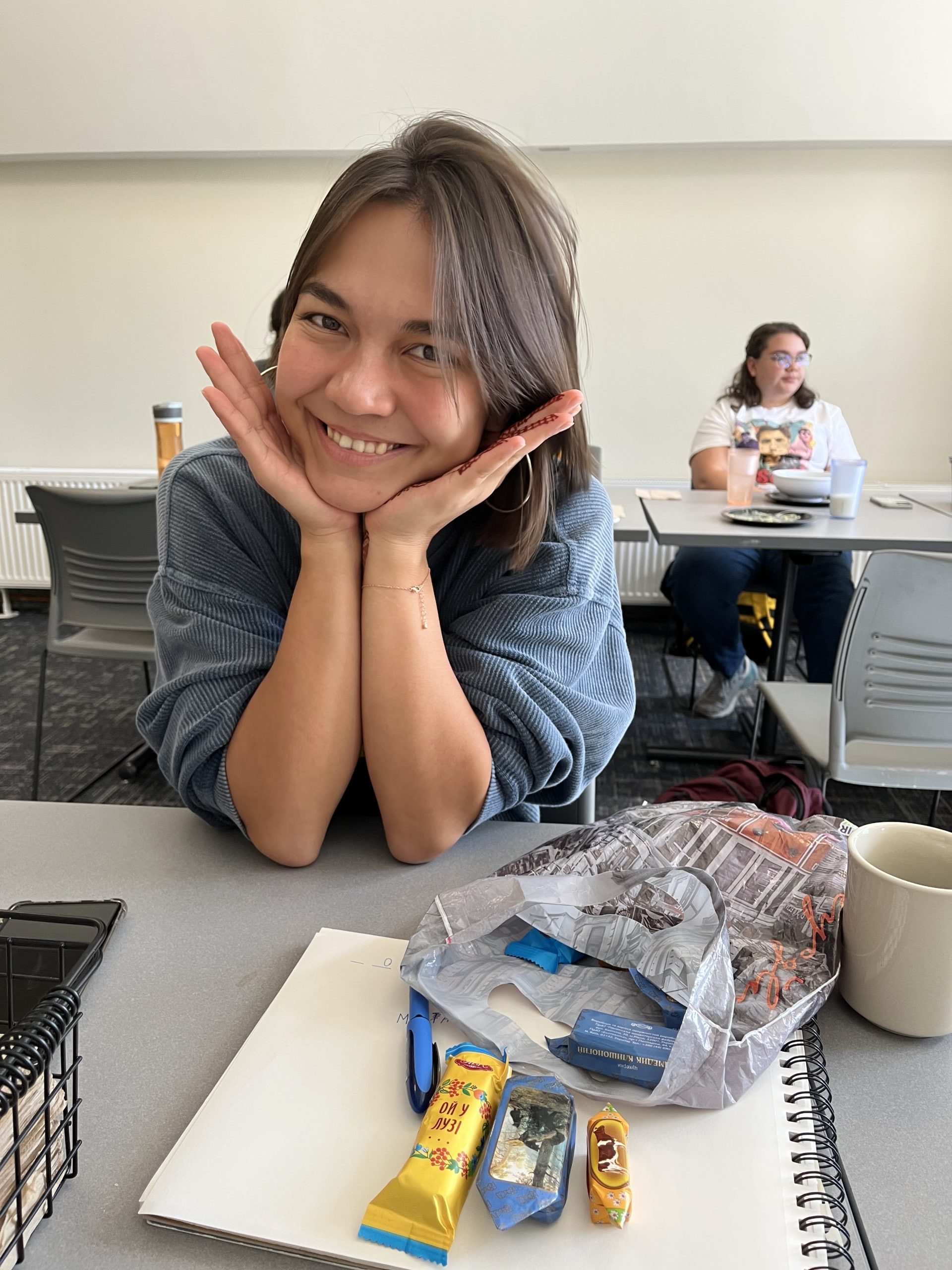 Darina smiles with her Eastern European chocolate