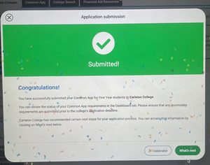 A display screen on the CommonApp website after Felix submitted his application