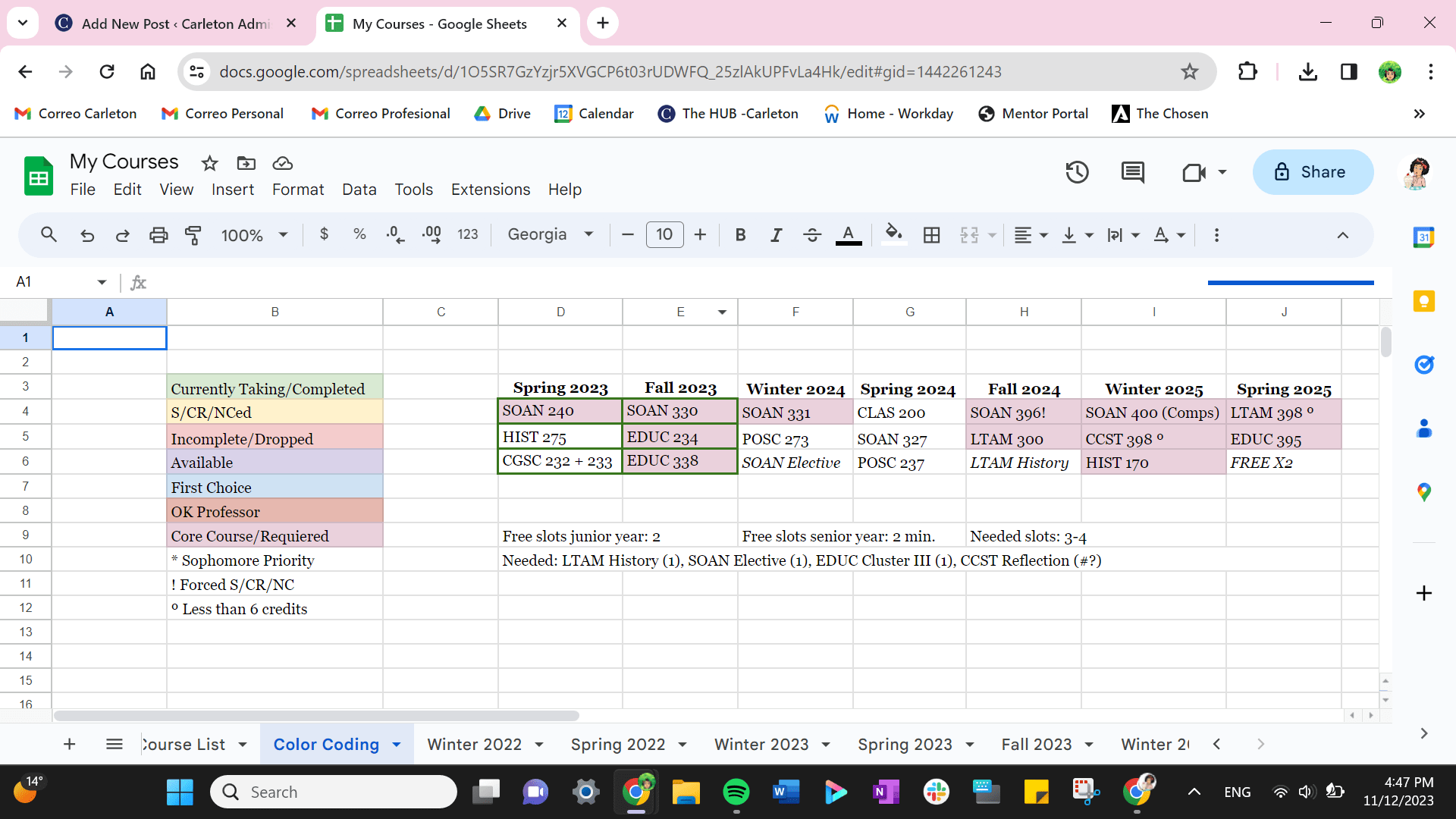 Screenshot of a spreadsheet that keeps track of courses.