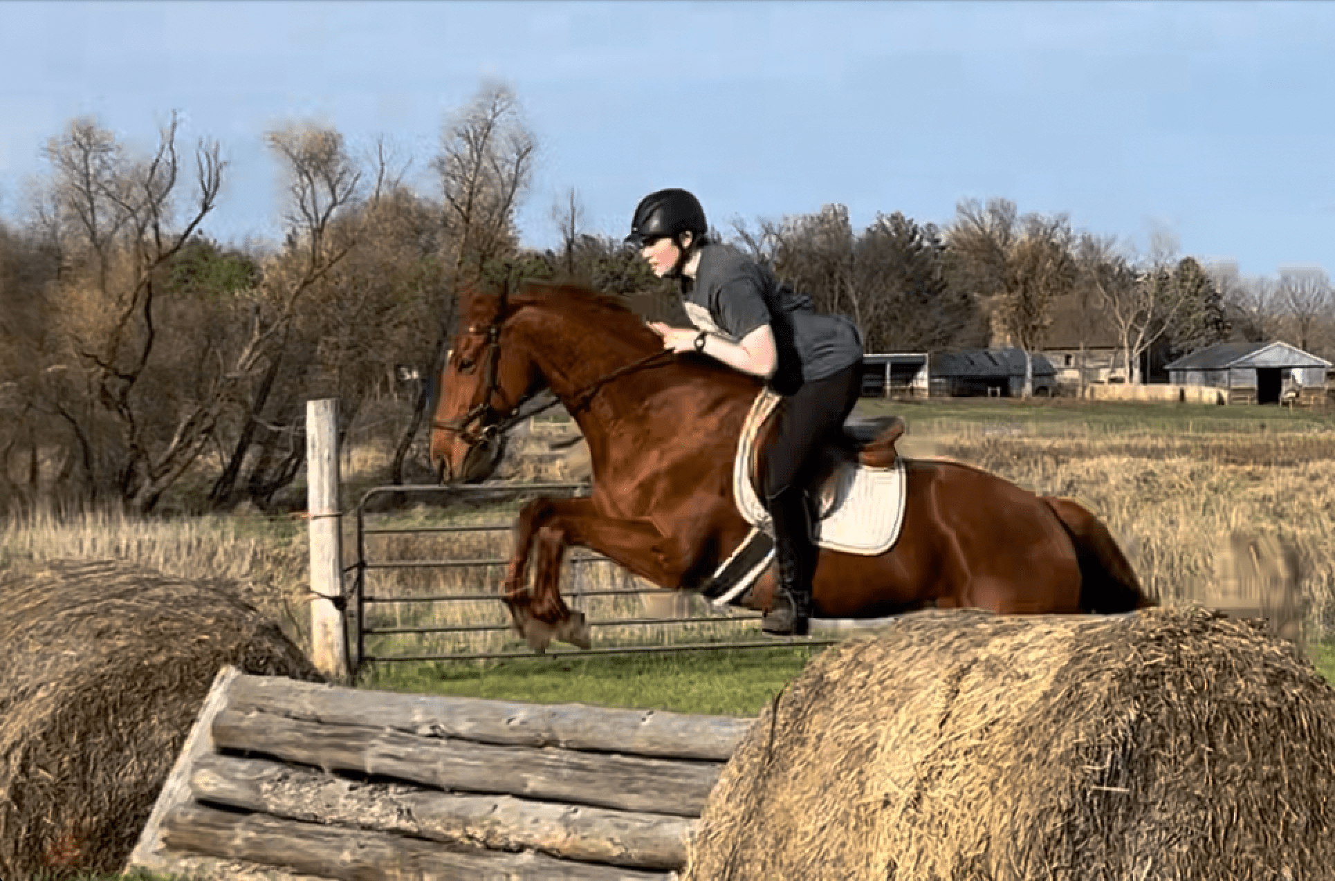 Felix rides a horse over a jump outdoors