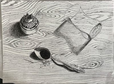 Drawing of spoon, glass cup and pomegranate biblo on a wood panel