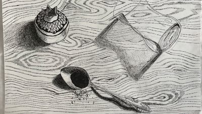 Drawing of spoon, glass cup and pomegranate biblo on a wood panel