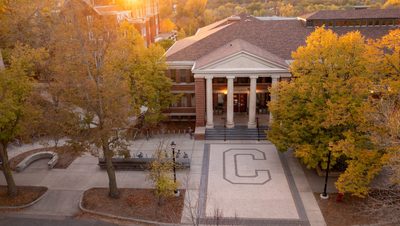 An aerial view of the Sayles cafe during autumn