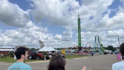 People walking up to a fairground