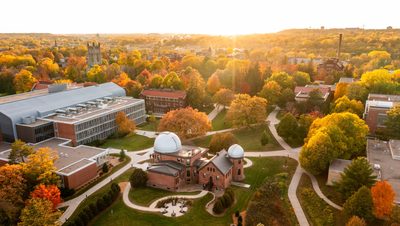 birdseye view of campus in the fall