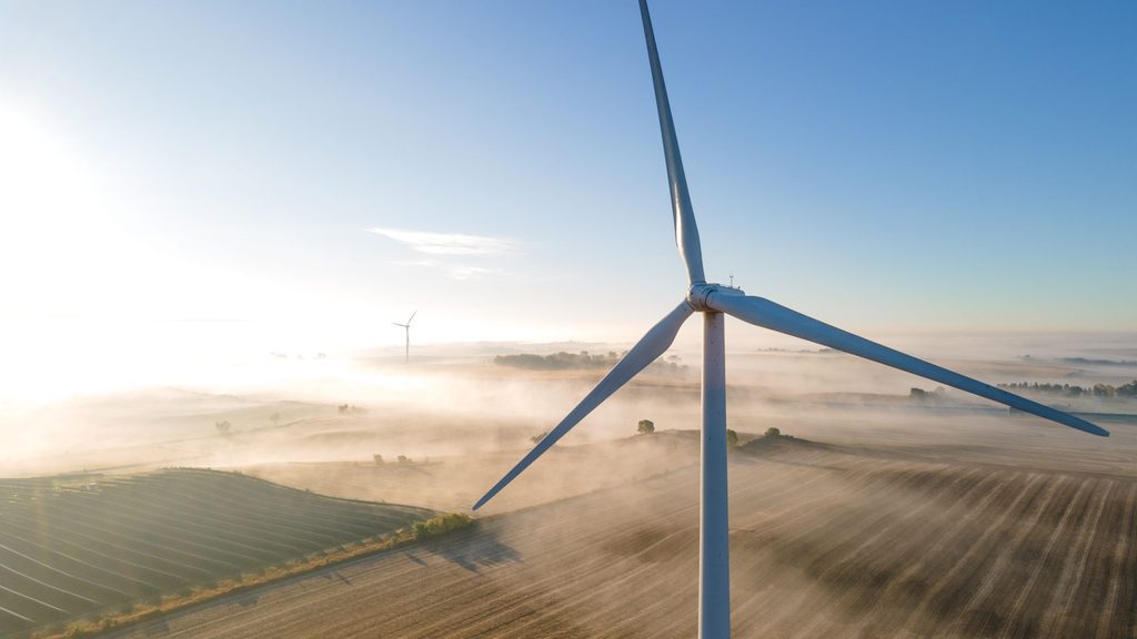 Carleton's wind turbine from a bird's eye view on a foggy day
