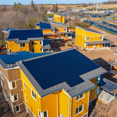 aerial view of solar panels installed on new student housing