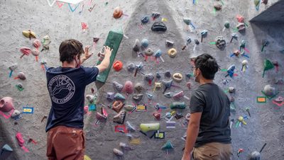 People standing in front of rock climbing wall