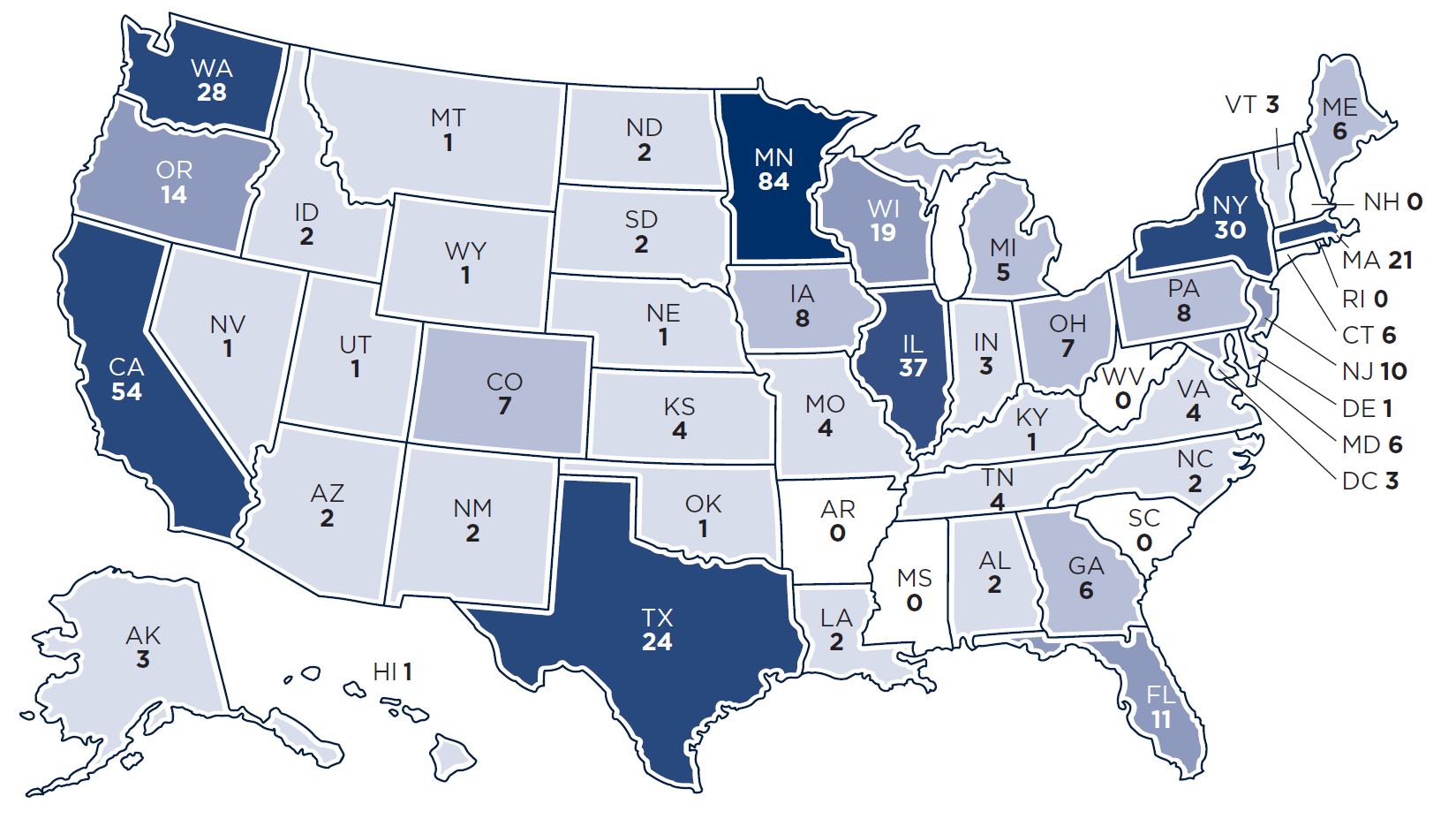 US map of where the class 2028 is from. States not included are Arkansas, Mississippi, New Hampshire, West Virginia, and South Carolina