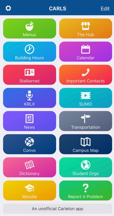 CARLS App Home Menu Screen