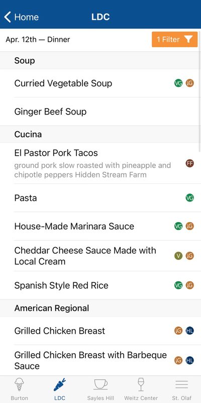 Food menu tab of the Carls App