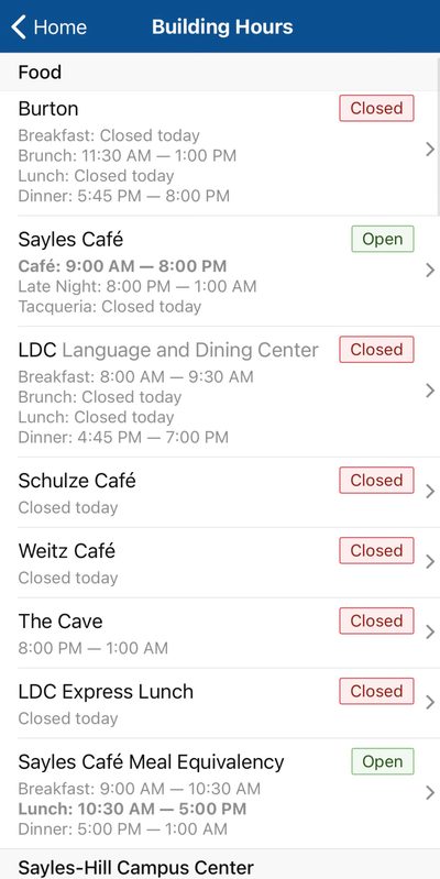 Building Hours tab of the Carls App