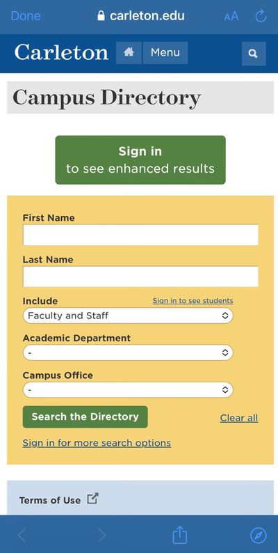 The campus directory search function as it appears accessed from the Carls App
