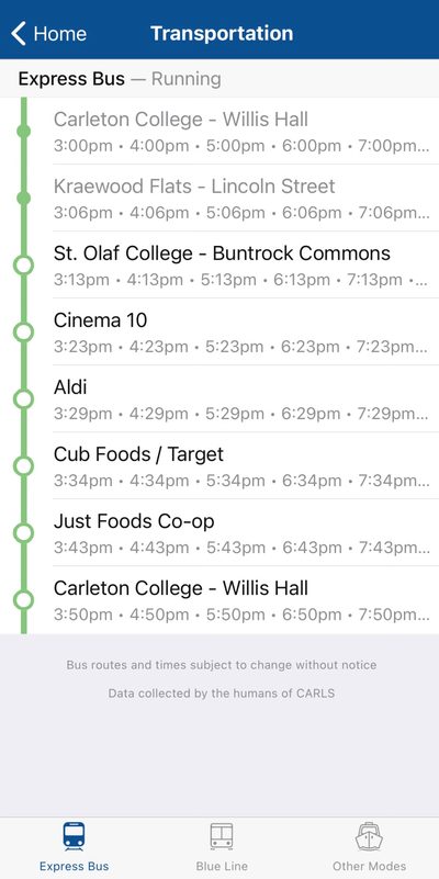 The Northfield lines bus schedule as it appears on the Carls App