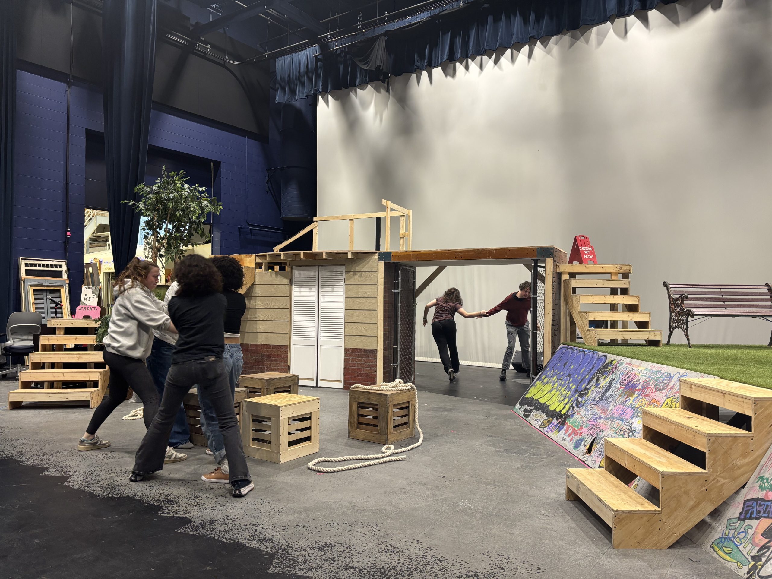 students running around on the set