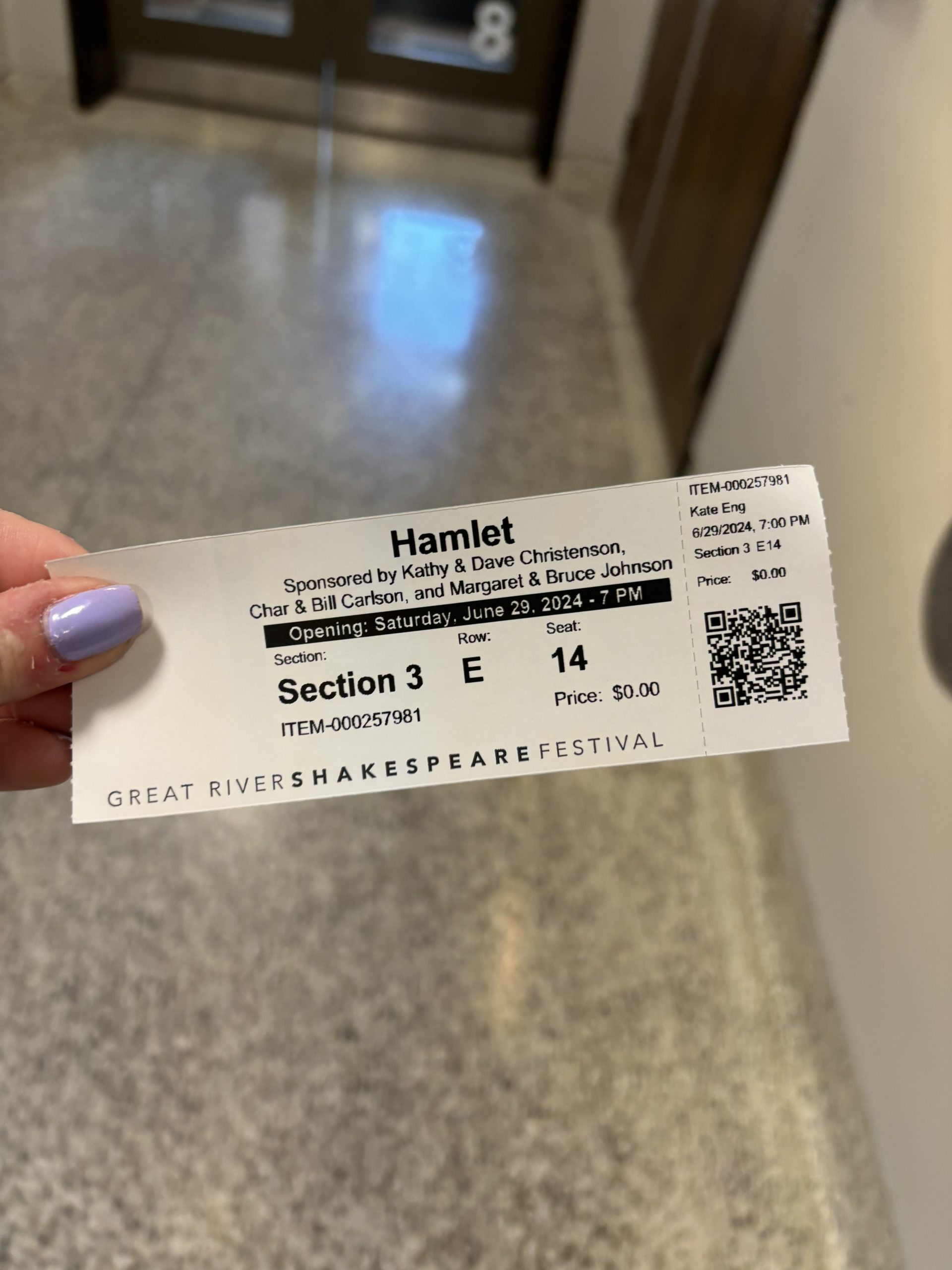 A ticket stub for Hamlet
